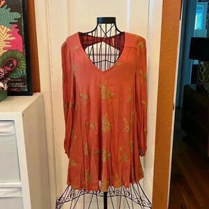 Boho Free People Rust dress with gold embroidery and back cutout-Sz XS